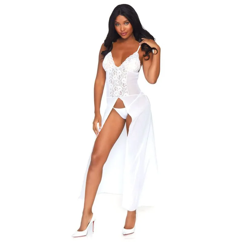 2 PC. Mesh and lace high slit long gown and matching g-string panty