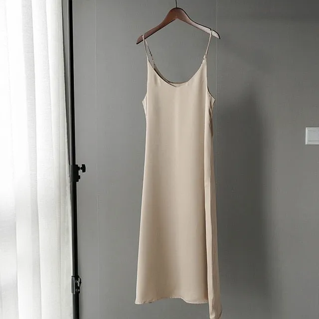 2019 women summer satin dress luxury shiny sundress vintage imitation silk dress korean fashion