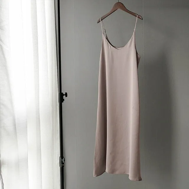2019 women summer satin dress luxury shiny sundress vintage imitation silk dress korean fashion