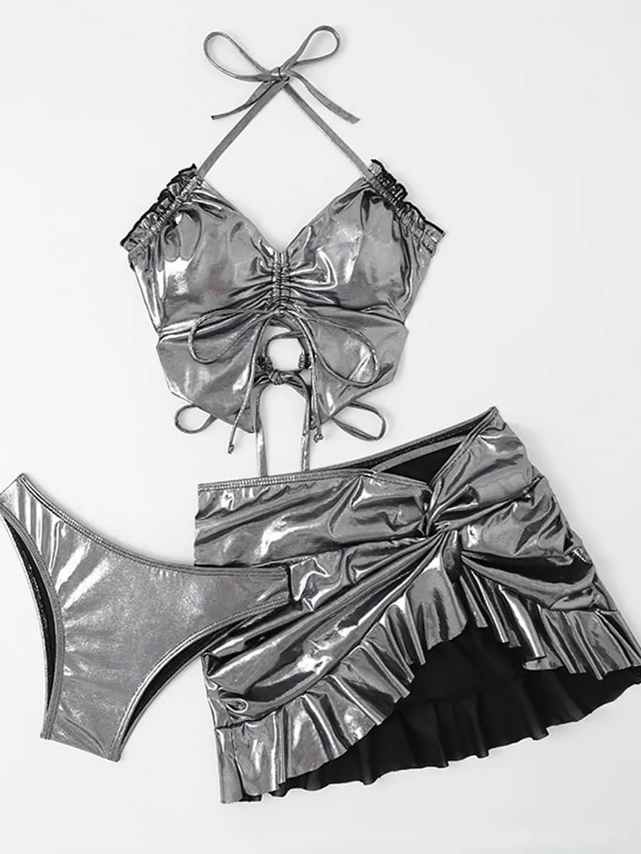3 Piece Silver Metallic Skirt Set