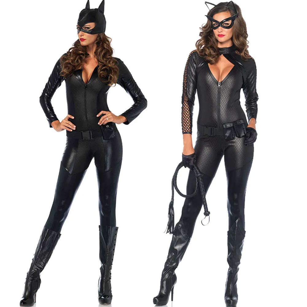 Adult Catwoman Outfit Black Batwoman Costume Wet Look Chest Cut Out Jumpsuit