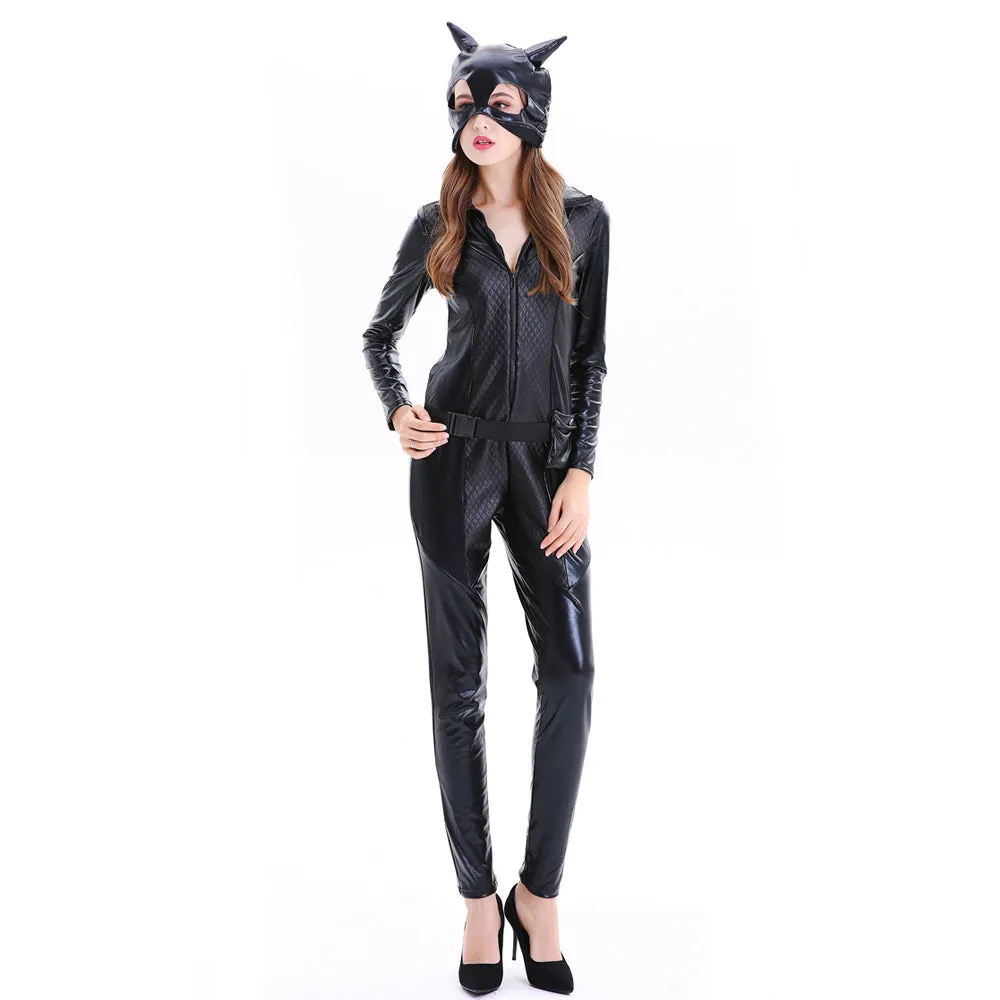 Adult Catwoman Outfit Black Batwoman Costume Wet Look Chest Cut Out Jumpsuit