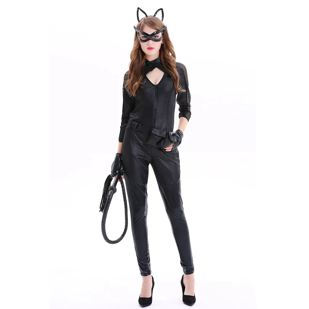 Adult Catwoman Outfit Black Batwoman Costume Wet Look Chest Cut Out Jumpsuit