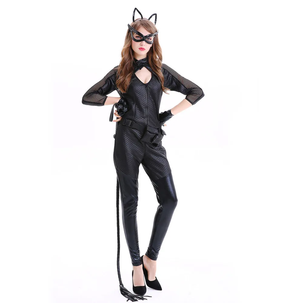 Adult Catwoman Outfit Black Batwoman Costume Wet Look Chest Cut Out Jumpsuit