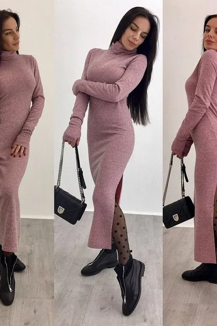 Autumn Knitted Bodycon Maxi Dress Casual Sexy V Neck Long Sleeve Women Elegant Winter Slim Fashion Long Dresses Thin Dress 2019