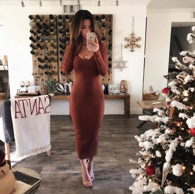 Autumn Knitted Bodycon Maxi Dress Casual Sexy V Neck Long Sleeve Women Elegant Winter Slim Fashion Long Dresses Thin Dress 2019