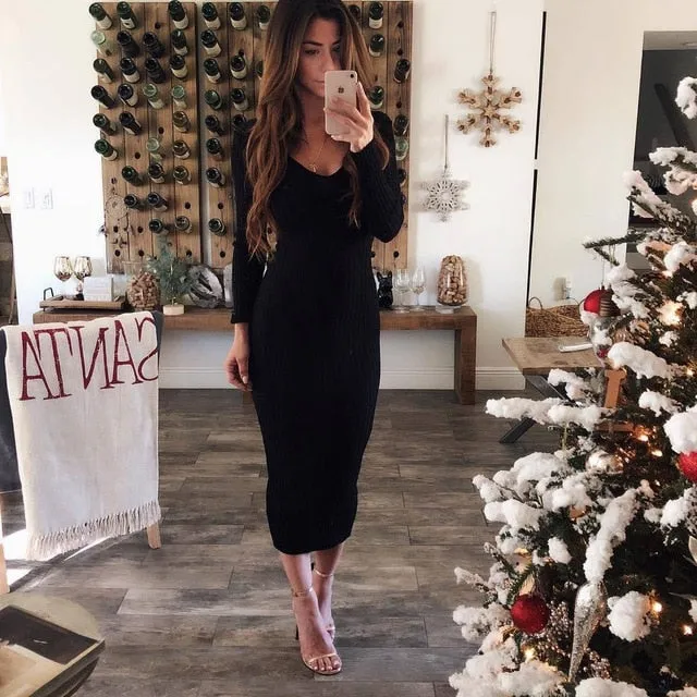 Autumn Knitted Bodycon Maxi Dress Casual Sexy V Neck Long Sleeve Women Elegant Winter Slim Fashion Long Dresses Thin Dress 2019