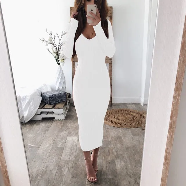 Autumn Knitted Bodycon Maxi Dress Casual Sexy V Neck Long Sleeve Women Elegant Winter Slim Fashion Long Dresses Thin Dress 2019