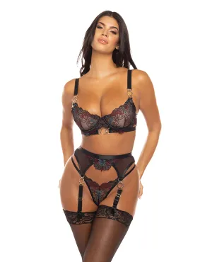 Azalea Underwire Embroidered Bra. Garter Belt & G-string Cheri Holiday/black