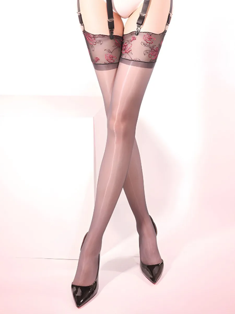 Embroidered Rose Thigh High Stocking