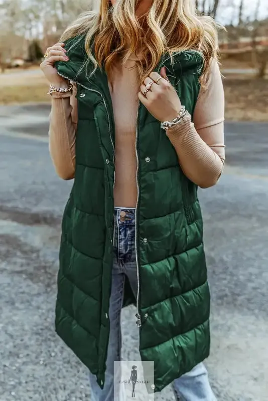 Green Hooded Long Quilted Vest Coat
