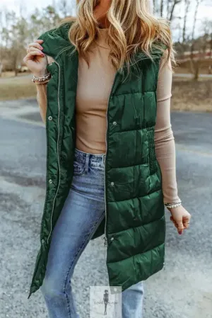 Green Hooded Long Quilted Vest Coat