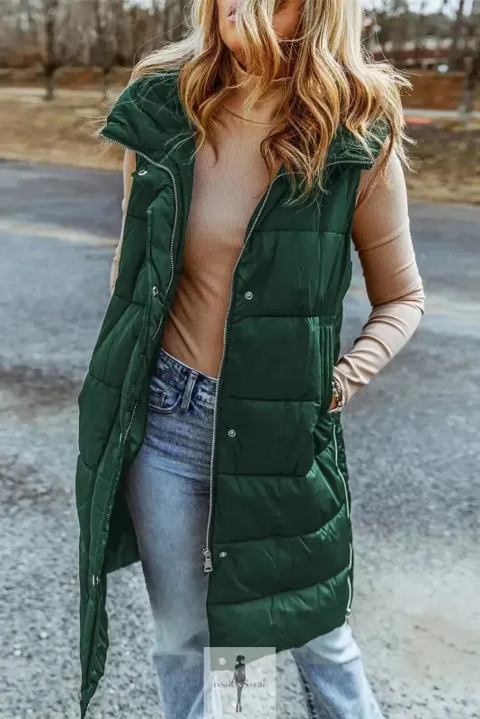 Green Hooded Long Quilted Vest Coat
