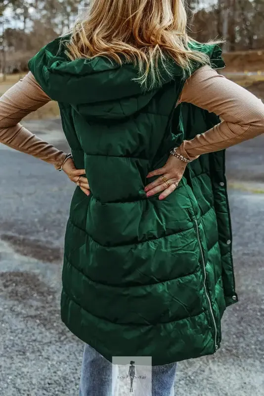 Green Hooded Long Quilted Vest Coat