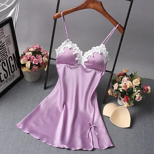 Ladies Sexy Nightdress Silk V-neck Floral Sleepwear Lingerie Babydoll Nightgown Mini Sleeveless Women Sleepshirt With Padded Bra