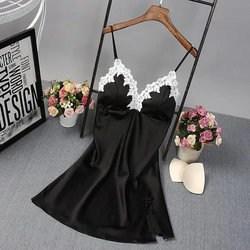 Ladies Sexy Nightdress Silk V-neck Floral Sleepwear Lingerie Babydoll Nightgown Mini Sleeveless Women Sleepshirt With Padded Bra