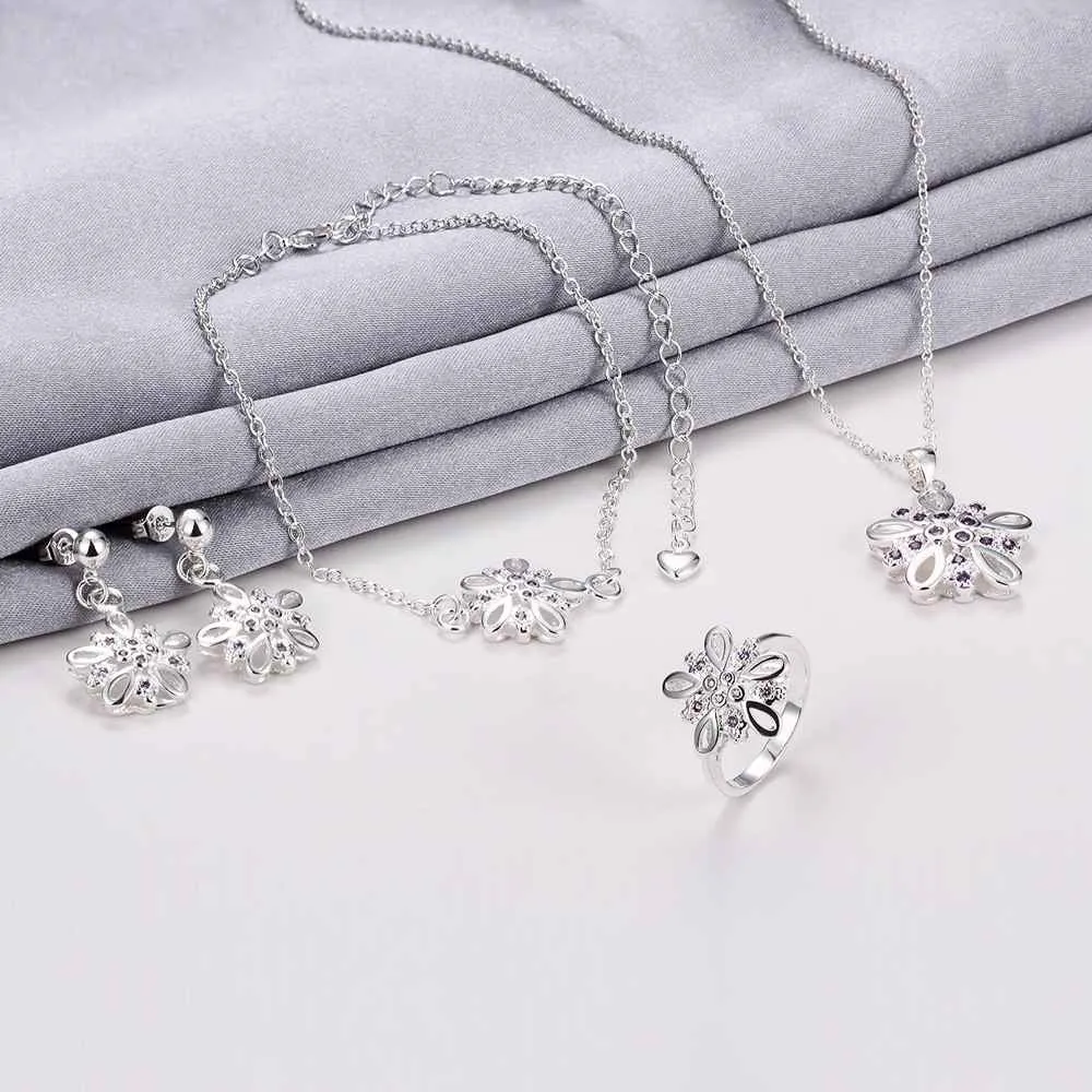 Lovely silver plated stamp jewelry set Crystal flower cluster necklace   ring   earrings men jewelry ELY