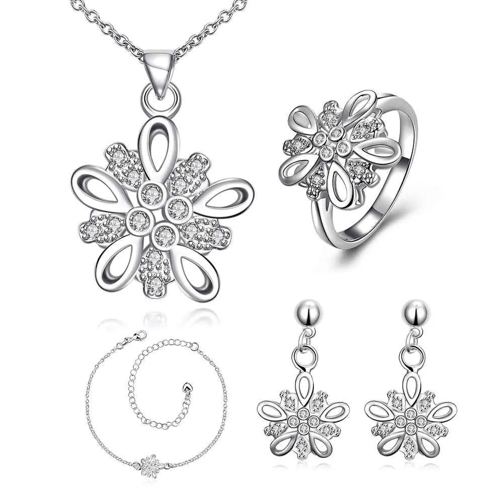 Lovely silver plated stamp jewelry set Crystal flower cluster necklace   ring   earrings men jewelry ELY