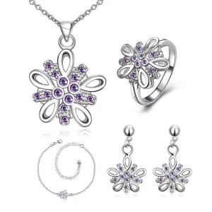Lovely silver plated stamp jewelry set Crystal flower cluster necklace   ring   earrings men jewelry ELY