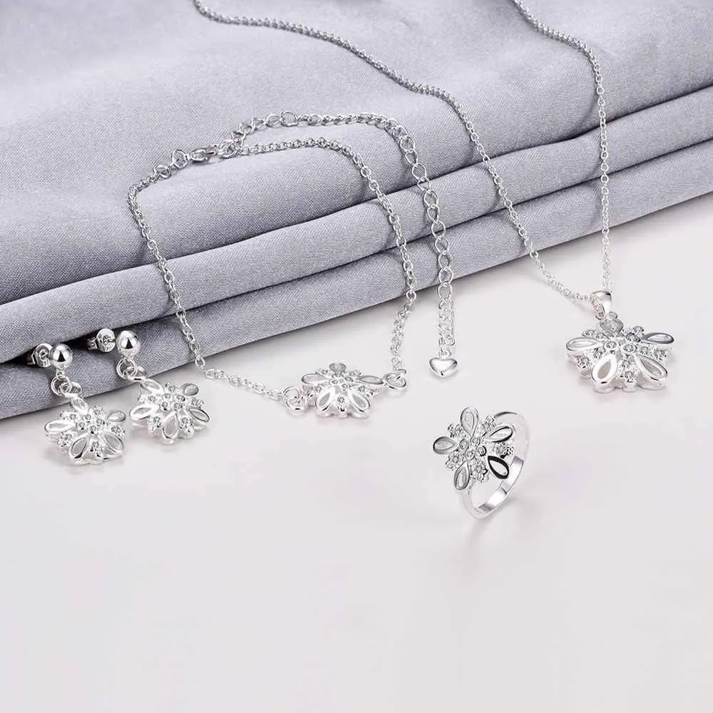 Lovely silver plated stamp jewelry set Crystal flower cluster necklace   ring   earrings men jewelry ELY