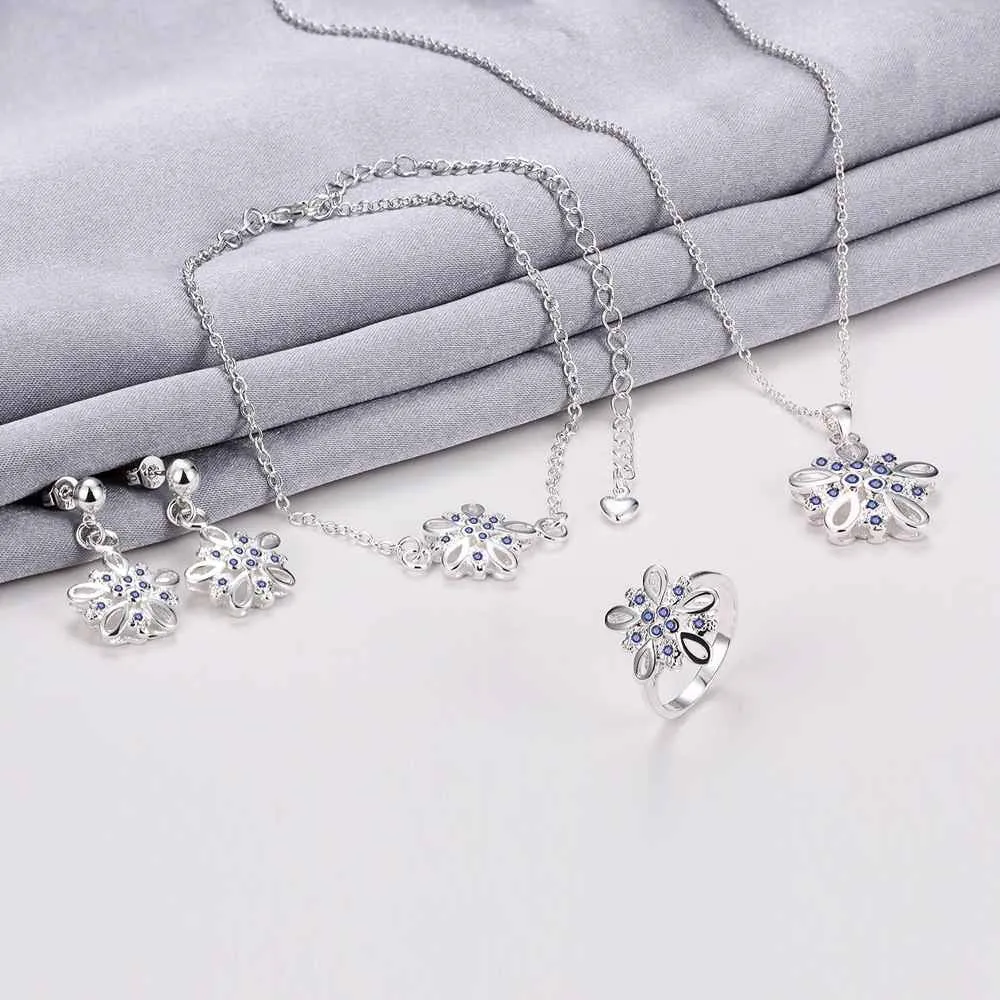 Lovely silver plated stamp jewelry set Crystal flower cluster necklace   ring   earrings men jewelry ELY