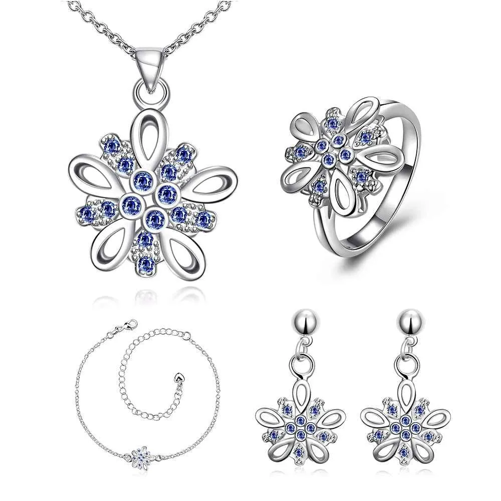 Lovely silver plated stamp jewelry set Crystal flower cluster necklace   ring   earrings men jewelry ELY