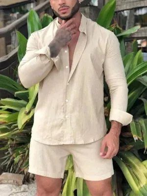 Men Relaxed Casual Linen Shorts Set