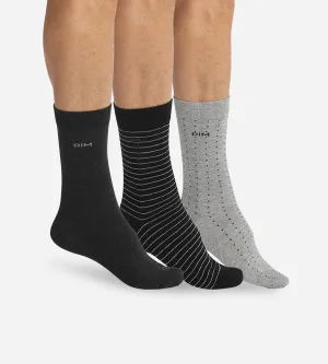 Pack of 3 pairs of men's black and charcoal dotty & striped socks