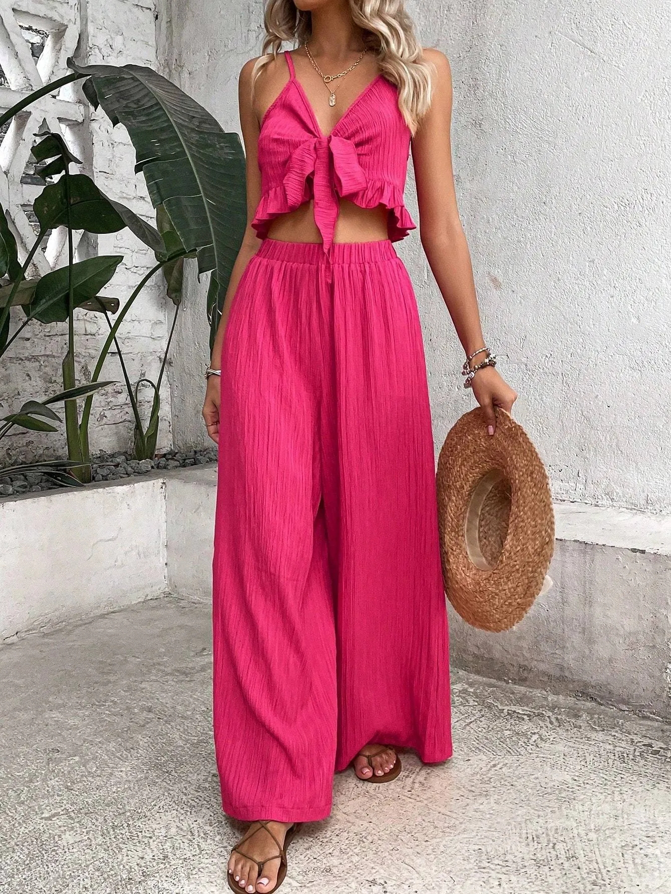 Pariaura Knot Front Cami Top Wide Leg Pants