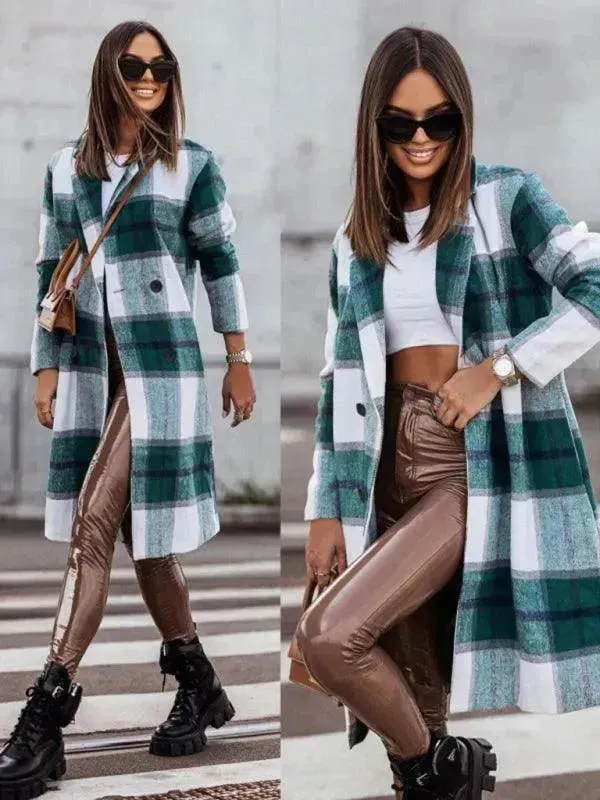 Plaid Double-Breasted Women Coat