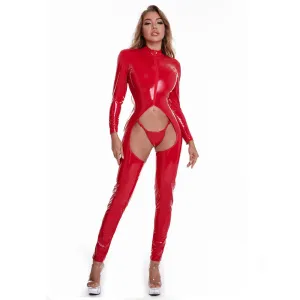 Plus Size PVC Catsuit Latex Open Crotch Jumpsuit One Piece Zipper Full Body Suit