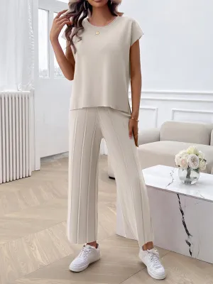 Relaxed Women Casual Beige Two-Piece Set