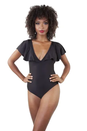 Ruffle Neckline Swimsuit Black
