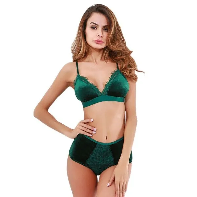 Sexy Fashion Women Velvet  Bralette Underwear High Waist Panties Soft Trim lingerie Set Push Up brassiere Bra set T8