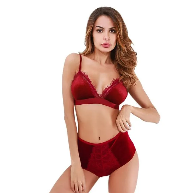 Sexy Fashion Women Velvet  Bralette Underwear High Waist Panties Soft Trim lingerie Set Push Up brassiere Bra set T8