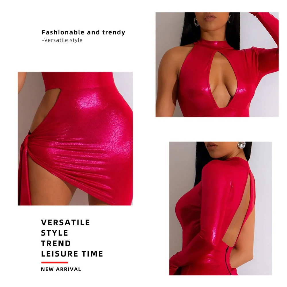 Sexy Metallic Mini Dress Asymmetrical Cut Out Backless Bodycon Dress Party Nightclub Outfits