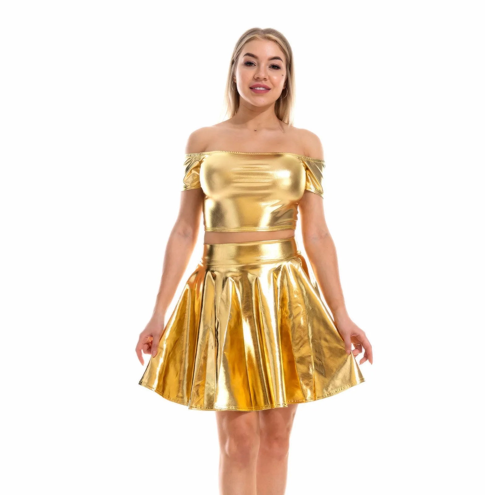 Sexy Metallic Skirt Set Girly Holographic Rave Outfits Two Piece Off Shoulder Crop Top and Mini Skirt