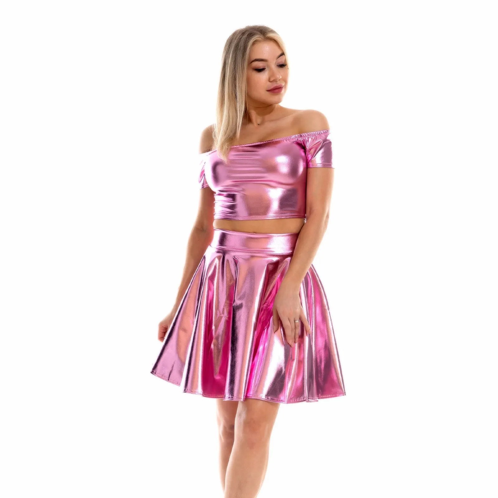 Sexy Metallic Skirt Set Girly Holographic Rave Outfits Two Piece Off Shoulder Crop Top and Mini Skirt