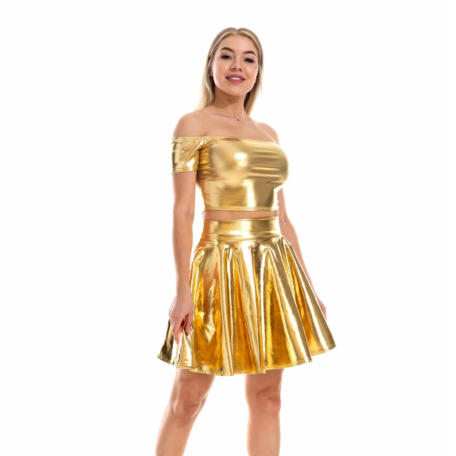 Sexy Metallic Skirt Set Girly Holographic Rave Outfits Two Piece Off Shoulder Crop Top and Mini Skirt