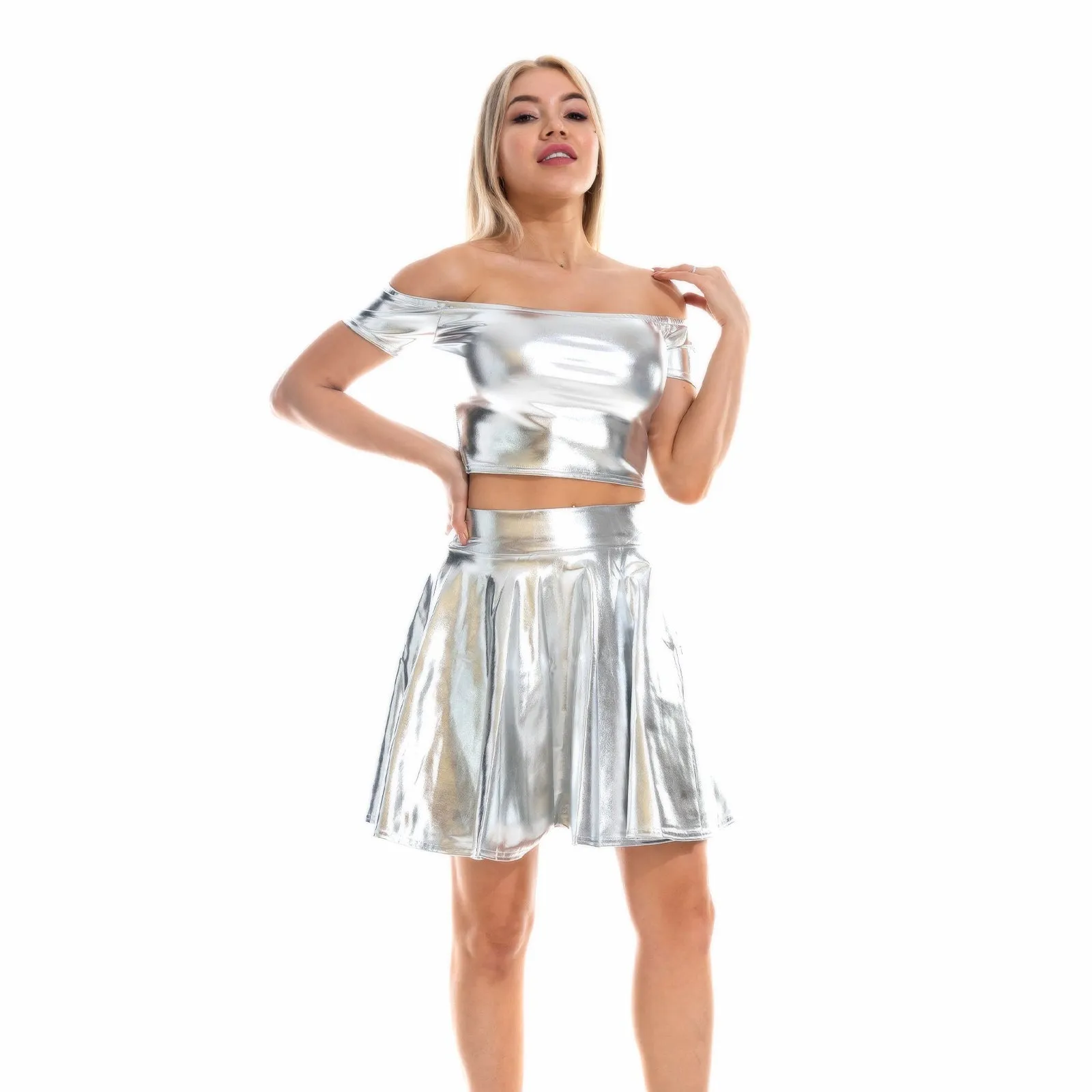 Sexy Metallic Skirt Set Girly Holographic Rave Outfits Two Piece Off Shoulder Crop Top and Mini Skirt