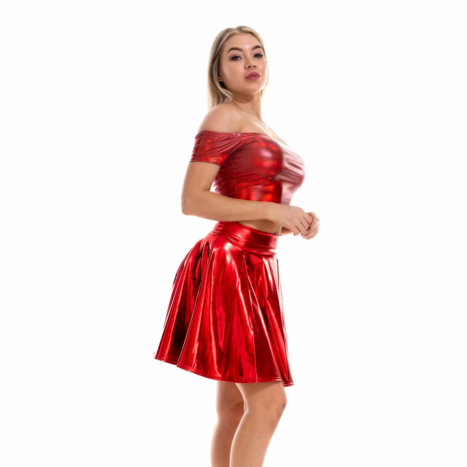 Sexy Metallic Skirt Set Girly Holographic Rave Outfits Two Piece Off Shoulder Crop Top and Mini Skirt