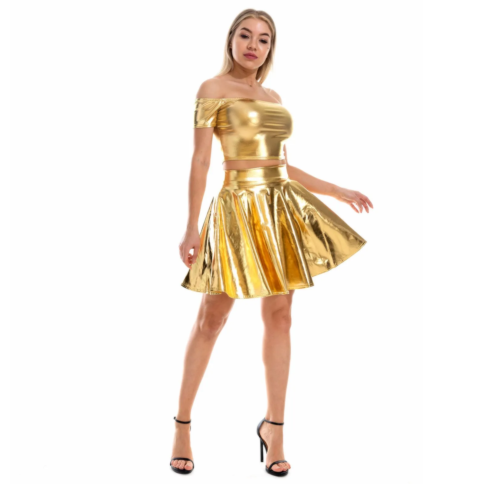 Sexy Metallic Skirt Set Girly Holographic Rave Outfits Two Piece Off Shoulder Crop Top and Mini Skirt