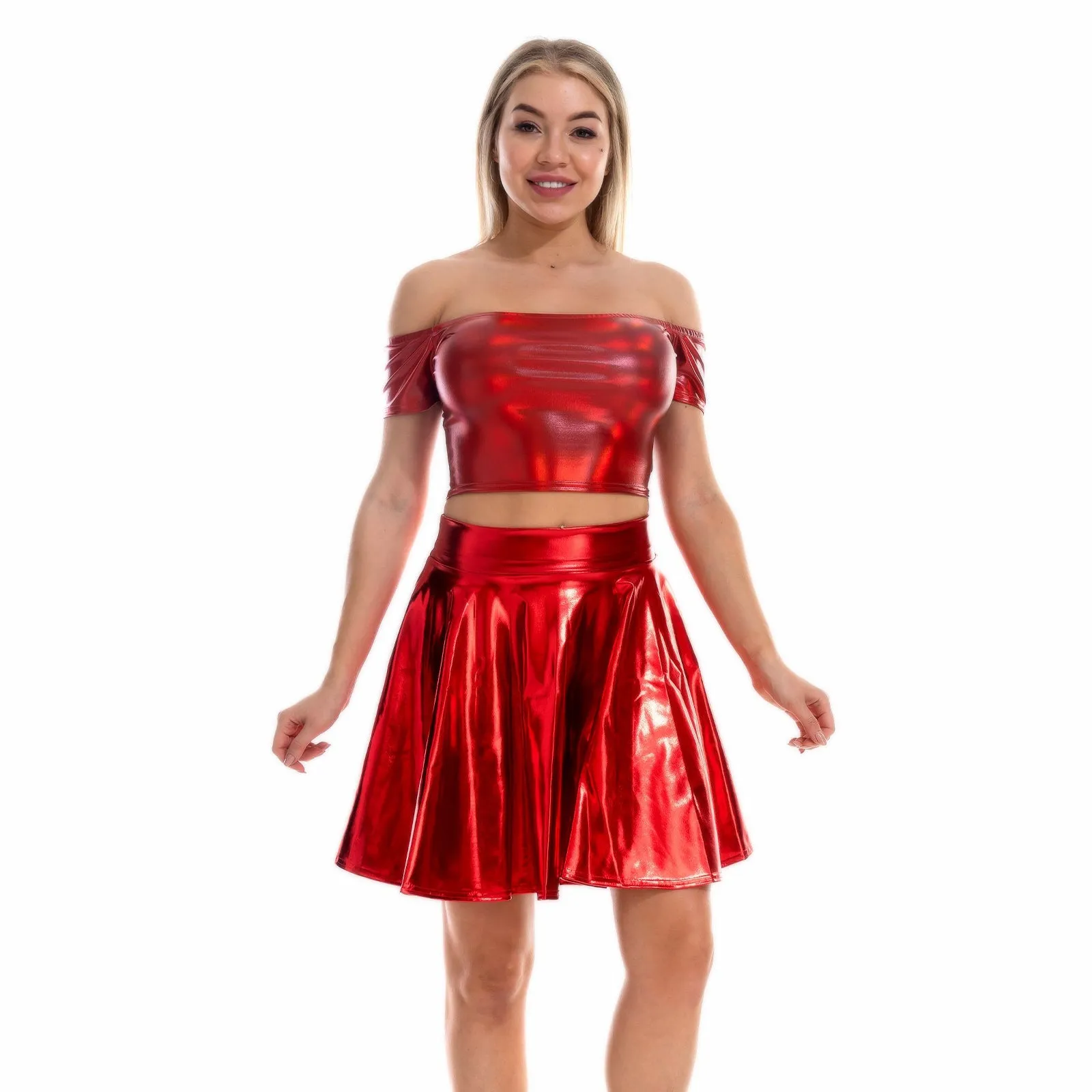 Sexy Metallic Skirt Set Girly Holographic Rave Outfits Two Piece Off Shoulder Crop Top and Mini Skirt