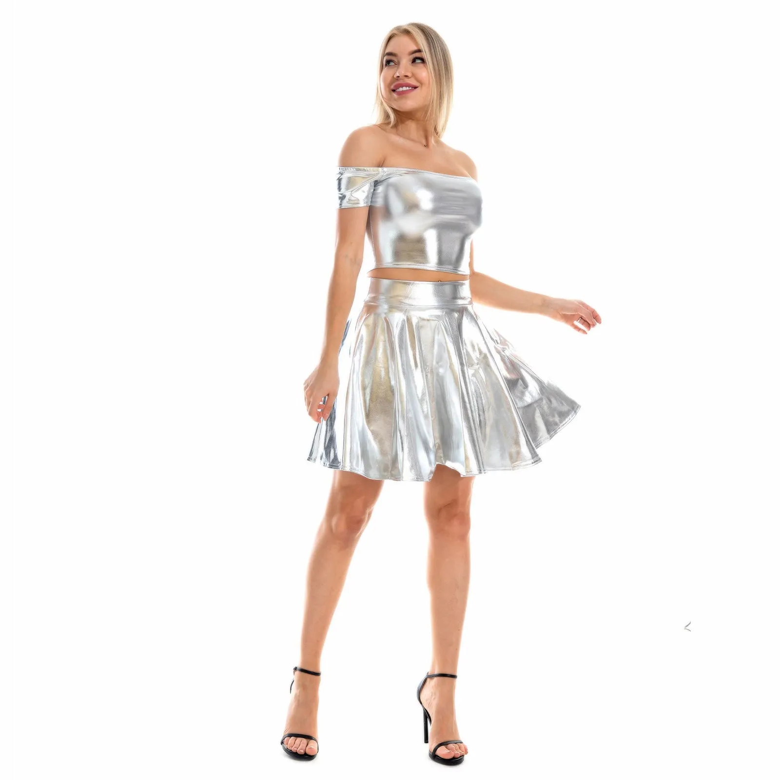 Sexy Metallic Skirt Set Girly Holographic Rave Outfits Two Piece Off Shoulder Crop Top and Mini Skirt