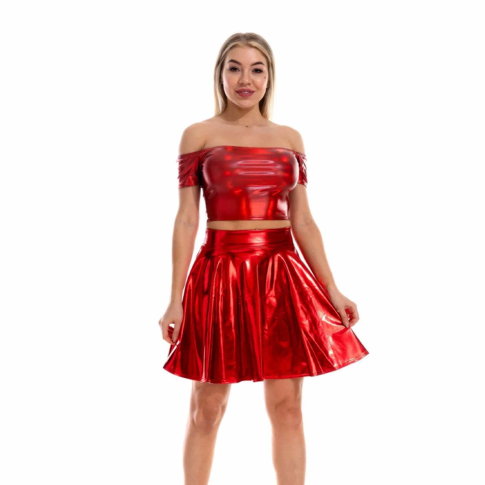 Sexy Metallic Skirt Set Girly Holographic Rave Outfits Two Piece Off Shoulder Crop Top and Mini Skirt