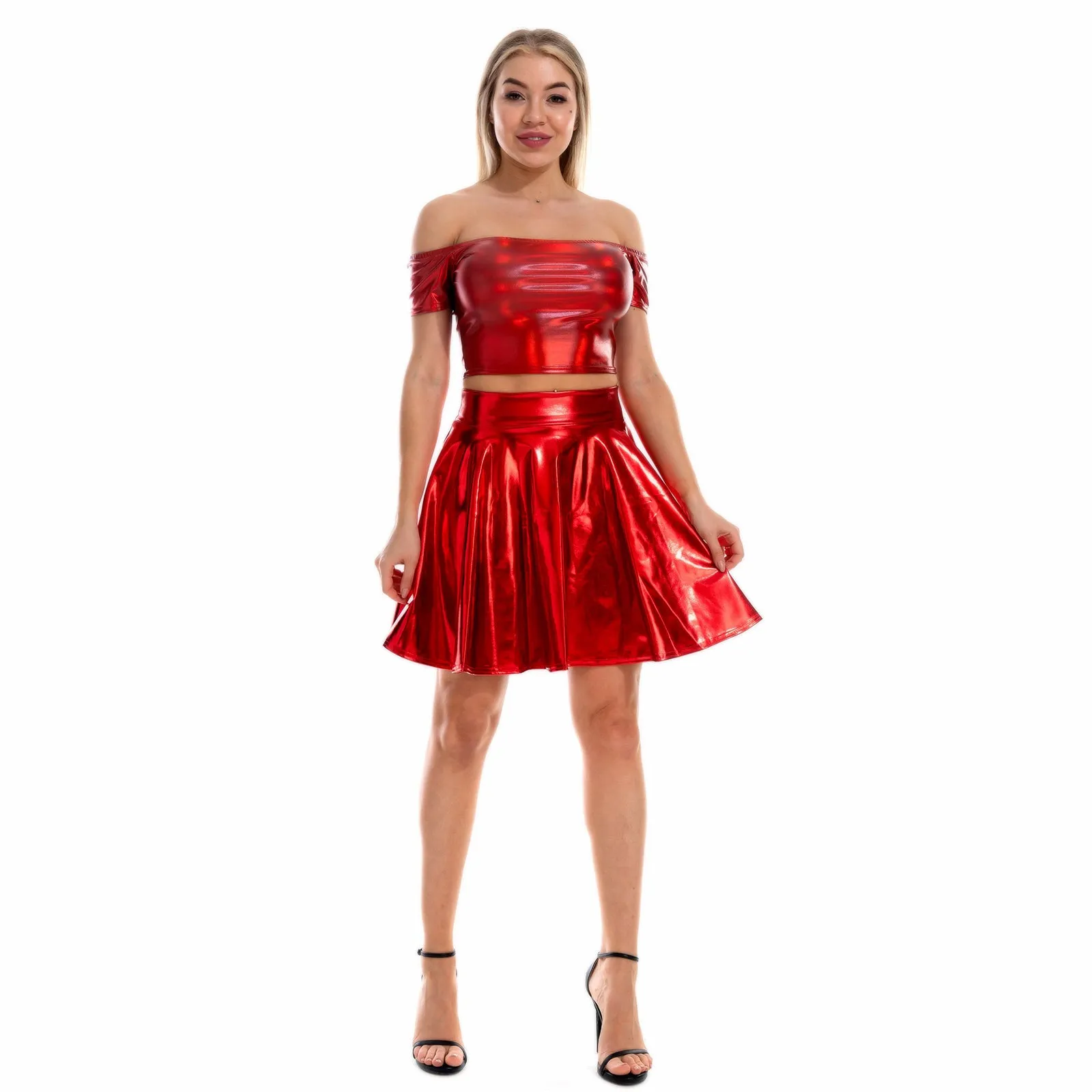 Sexy Metallic Skirt Set Girly Holographic Rave Outfits Two Piece Off Shoulder Crop Top and Mini Skirt