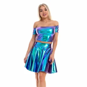 Sexy Metallic Skirt Set Girly Holographic Rave Outfits Two Piece Off Shoulder Crop Top and Mini Skirt