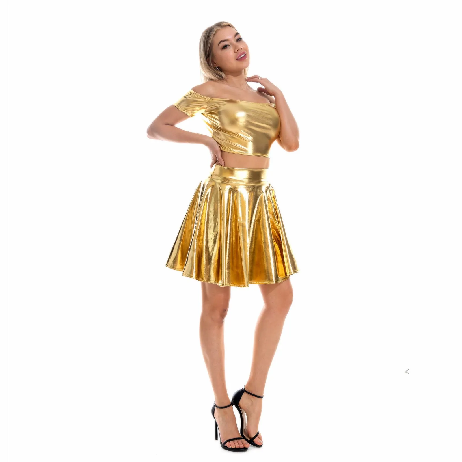 Sexy Metallic Skirt Set Girly Holographic Rave Outfits Two Piece Off Shoulder Crop Top and Mini Skirt