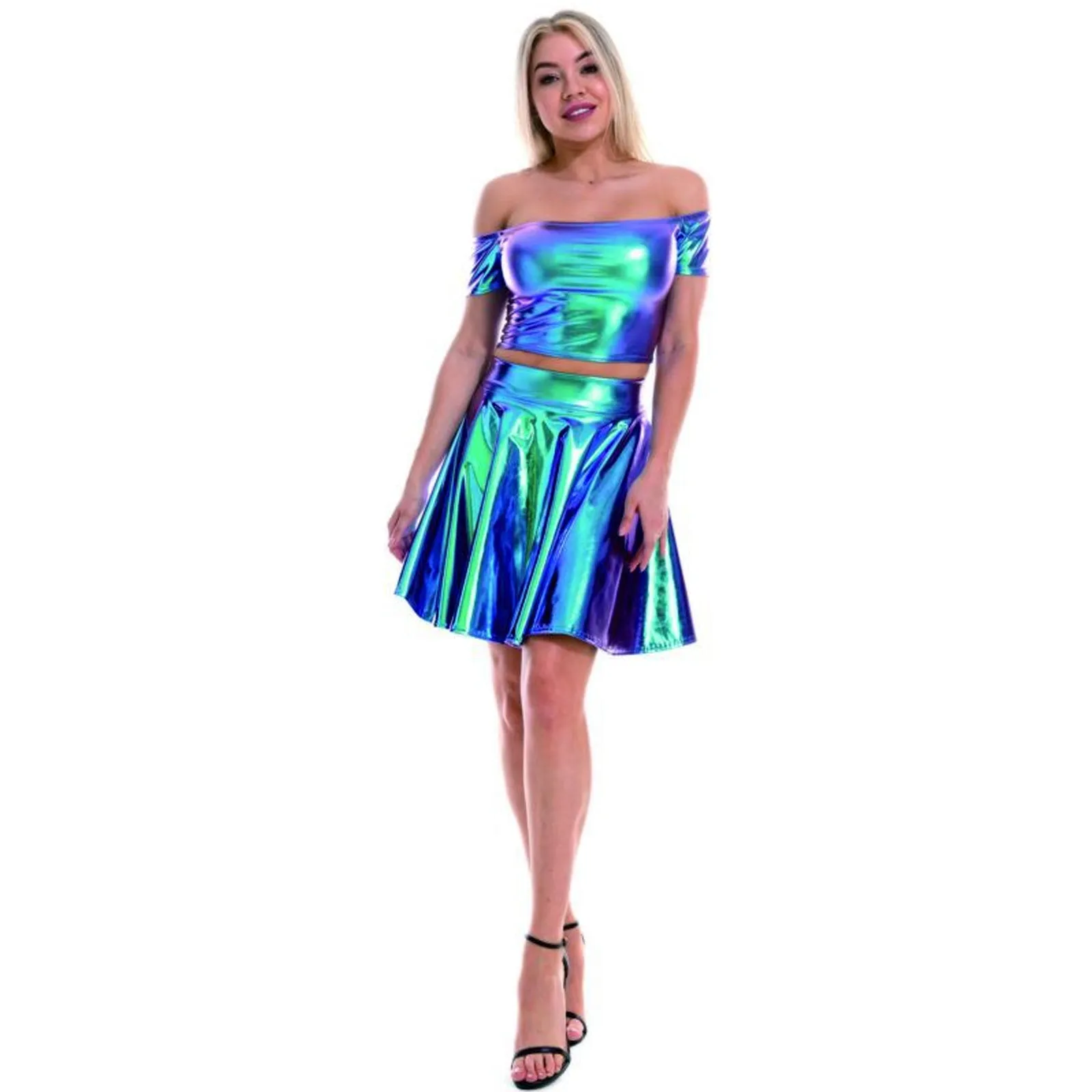 Sexy Metallic Skirt Set Girly Holographic Rave Outfits Two Piece Off Shoulder Crop Top and Mini Skirt