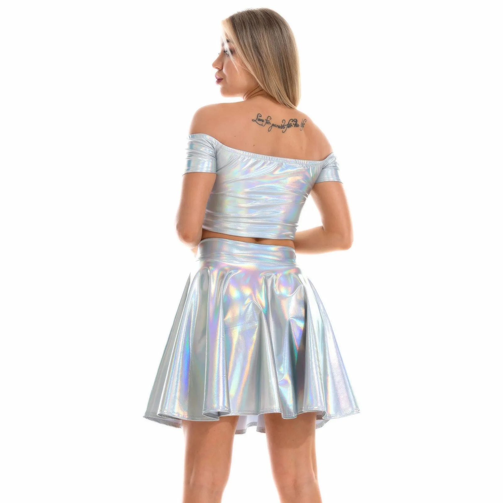 Sexy Metallic Skirt Set Girly Holographic Rave Outfits Two Piece Off Shoulder Crop Top and Mini Skirt